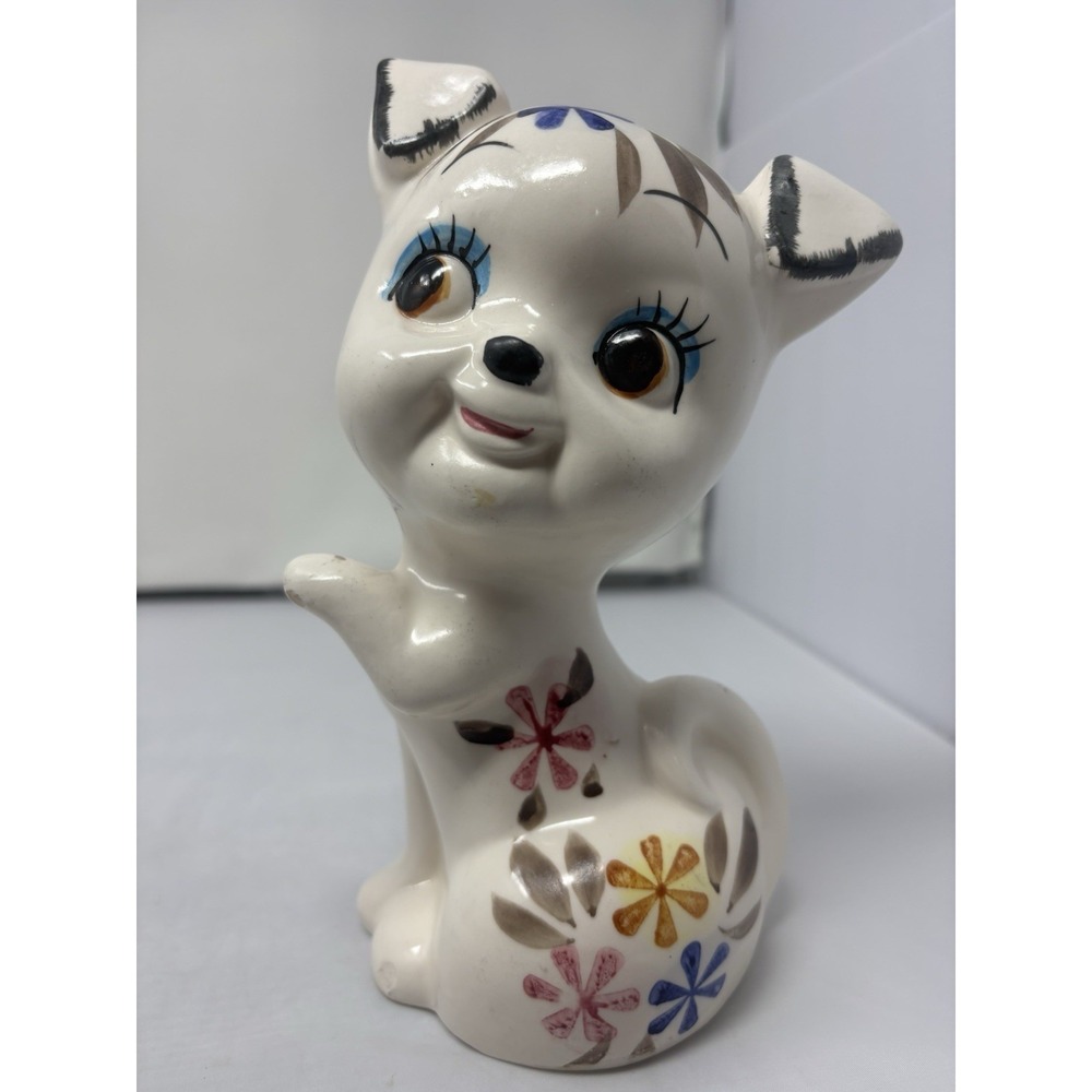Vintage Colorful Japanese Big Eye Ceramic Hand Painted Cat Kitschy Coin Bank